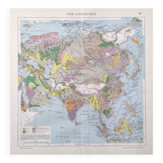 Vintage map Asia China USSR India Japan 43x43cm from 1950