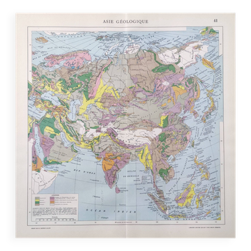 Carte vintage Asie Chine Urss Inde Japon 43x43cm de 1950