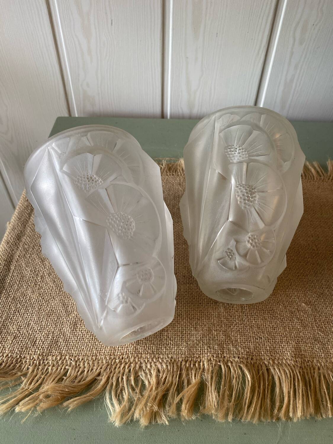 Pair of Art Deco lampshades in frosted glass signed Hubens