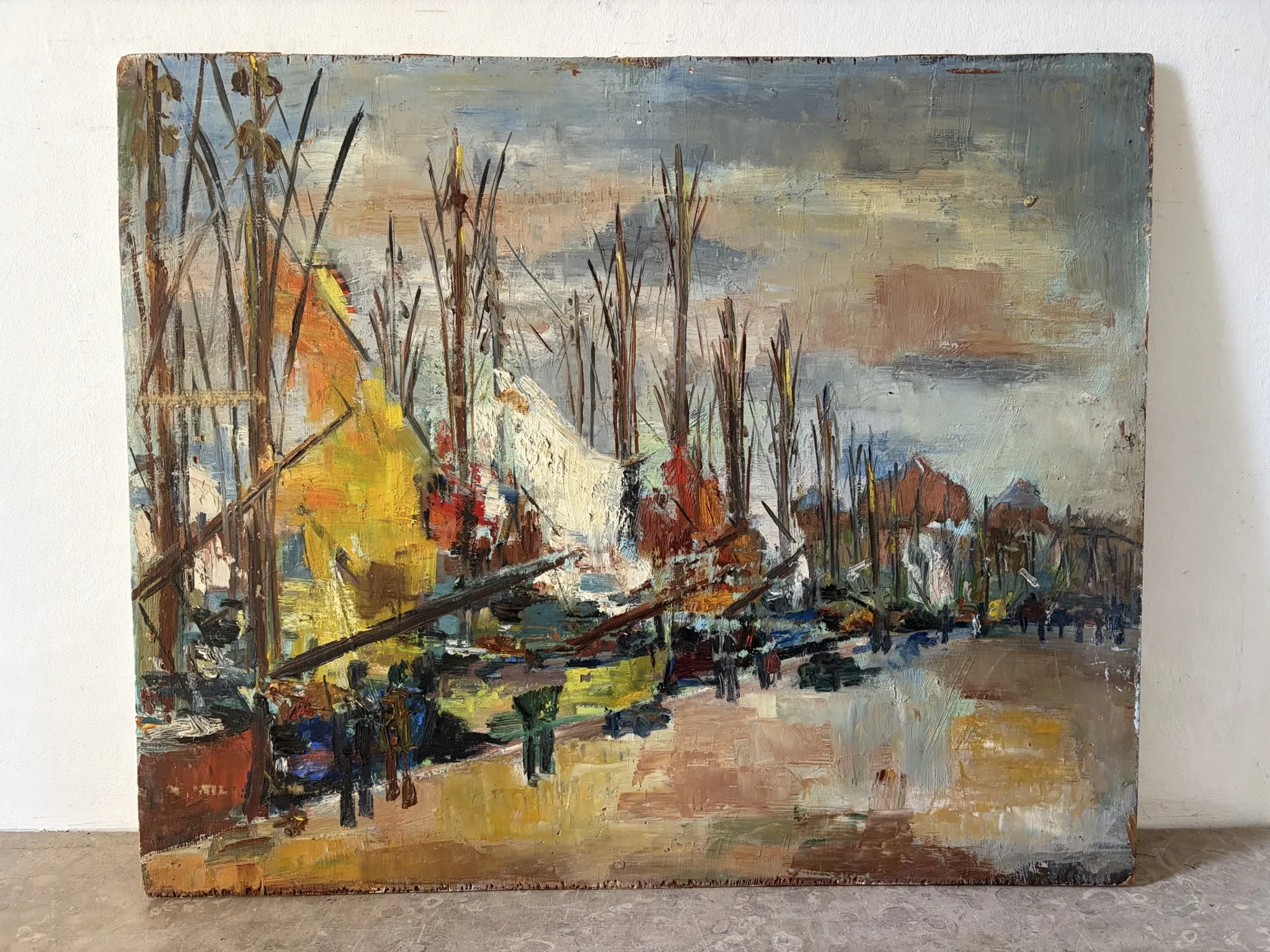 Sailboats at the harbour, oil on wood panel