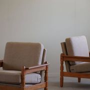 Modern Danish, Pair of Lounge Armchairs in Oak and Linen, Henning Kjærnulf, 1960s