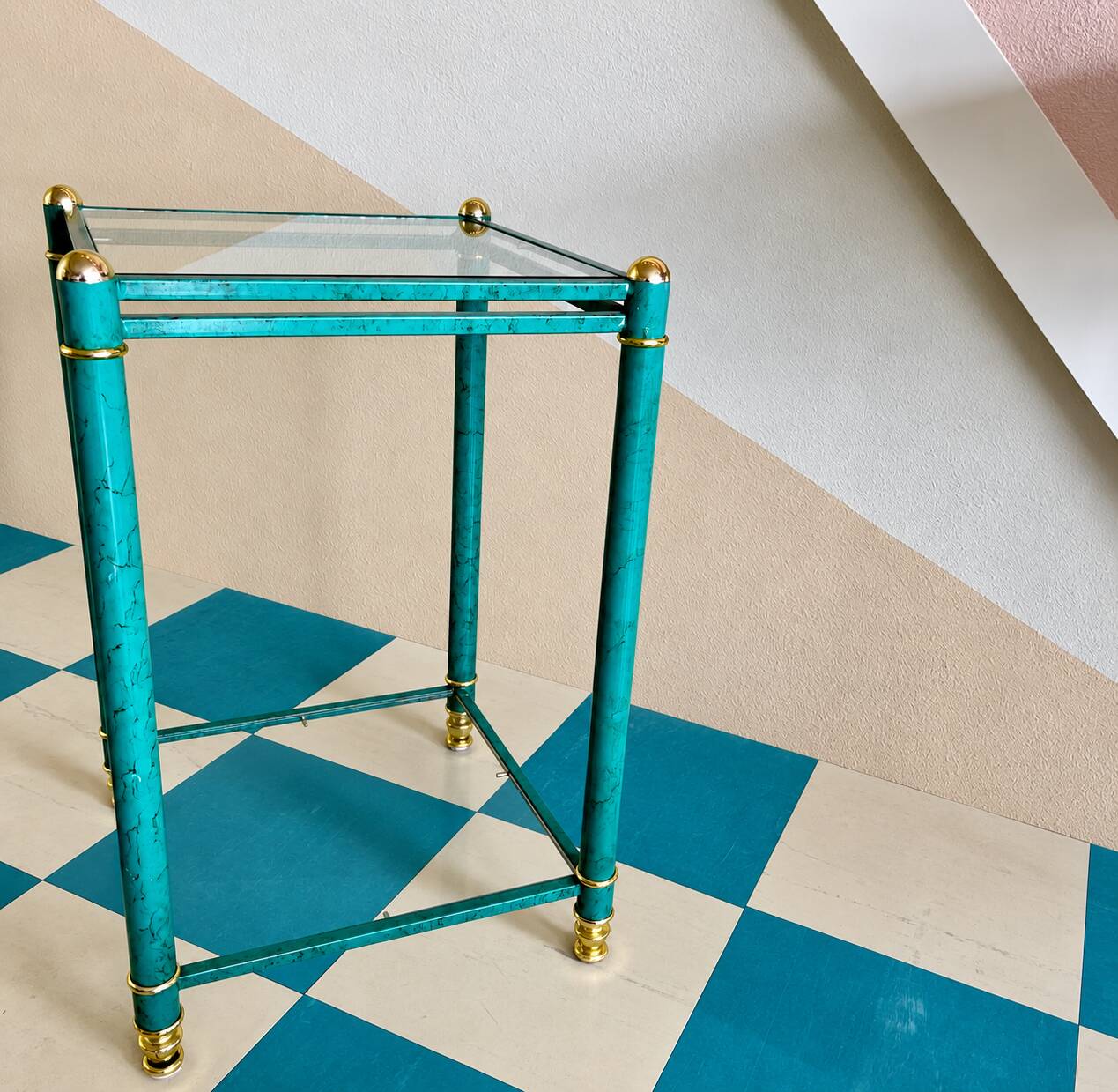 Hollywood Regency Faux Malachite Side Table with Glass Shelves