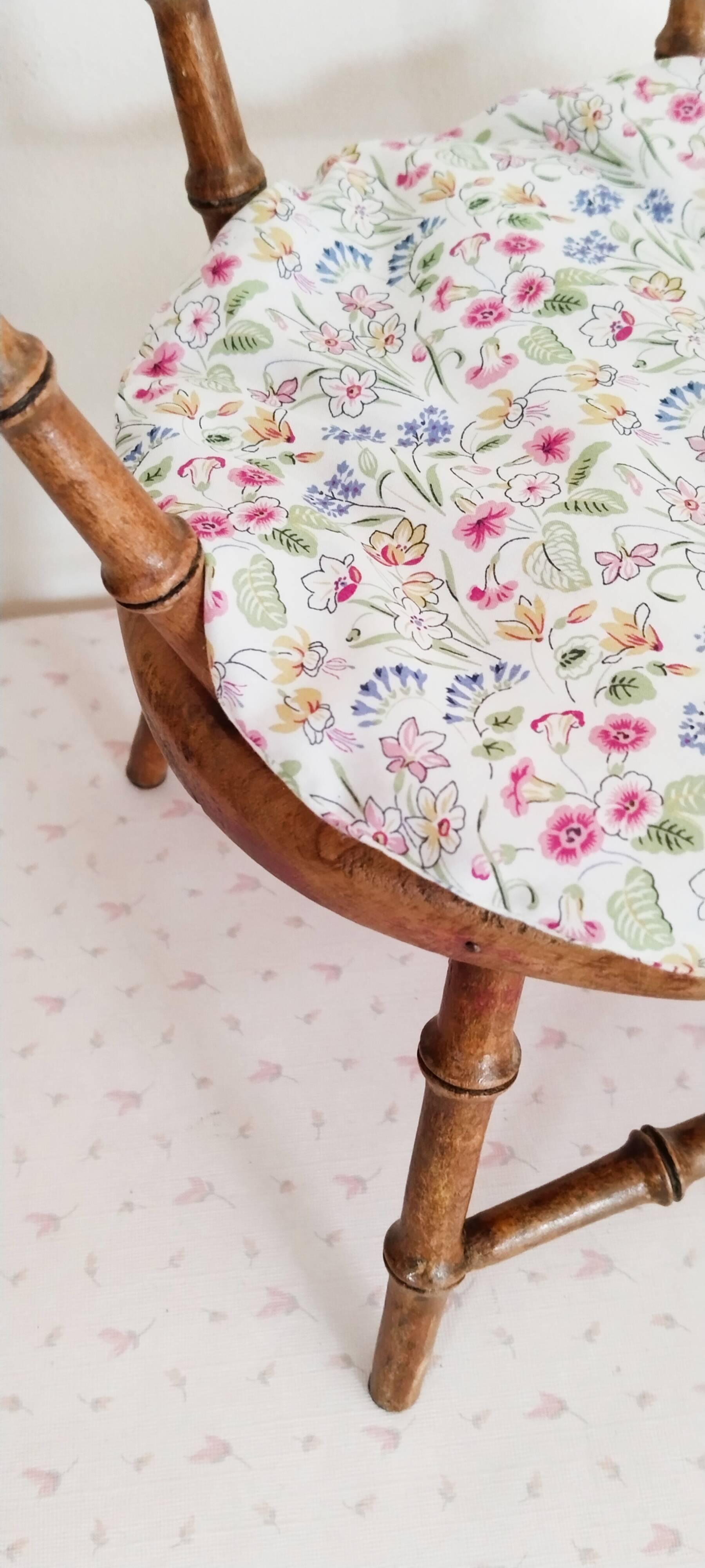 Vintage doll chair, in wood, and Liberty cushion