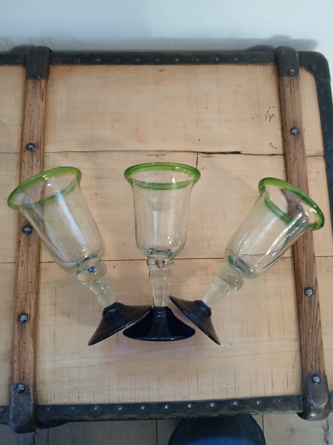 3 stemmed glasses in bubble and blown glass
