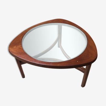 Triangular coffee table by Nathan teak and transparent glass tray