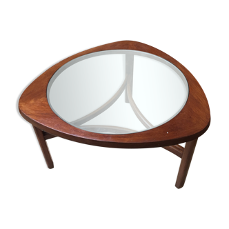 Triangular coffee table by Nathan teak and transparent glass tray