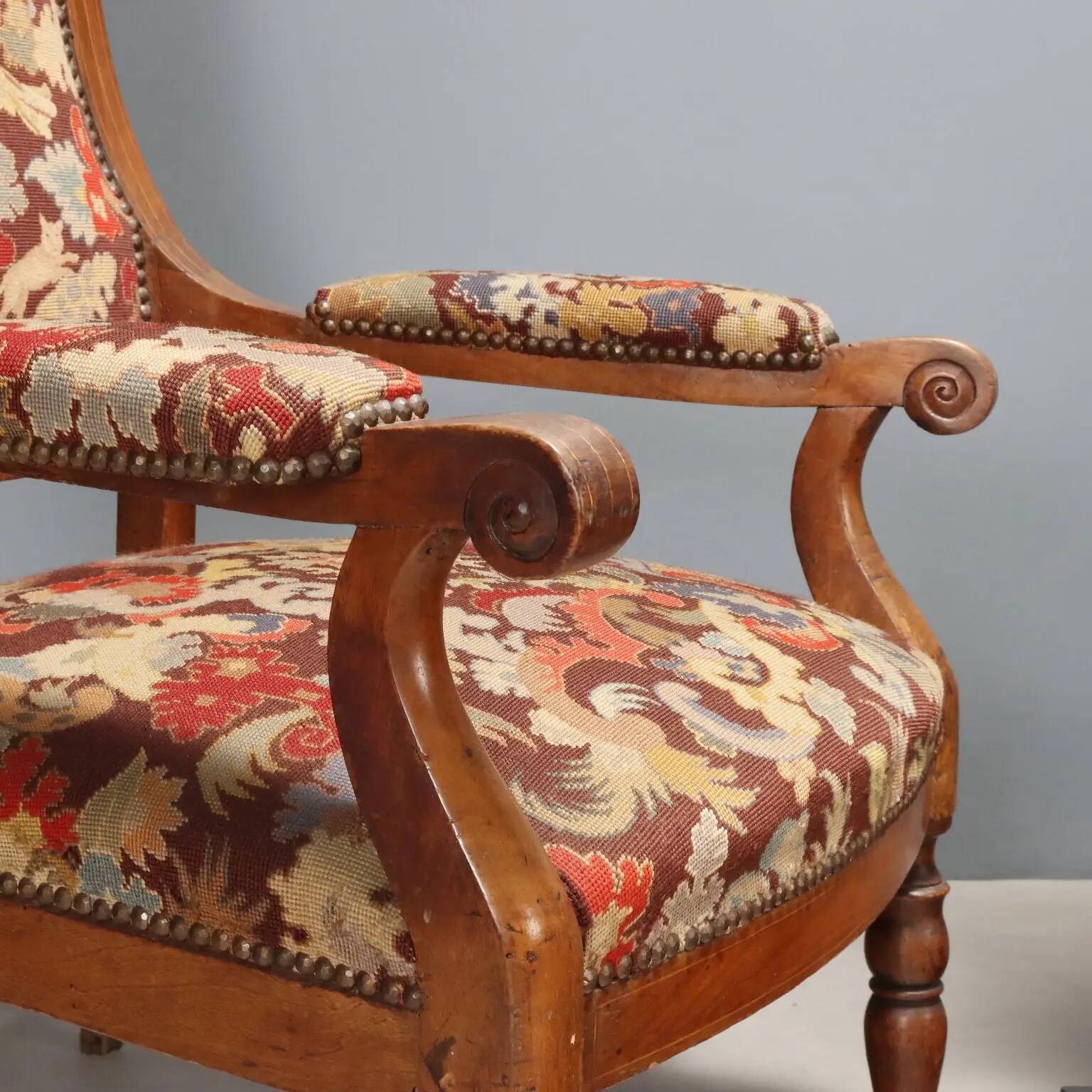 Antique walnut, maple, and fabric armchairs, Italy, late 19th century.