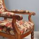 Antique walnut, maple, and fabric armchairs, Italy, late 19th century.