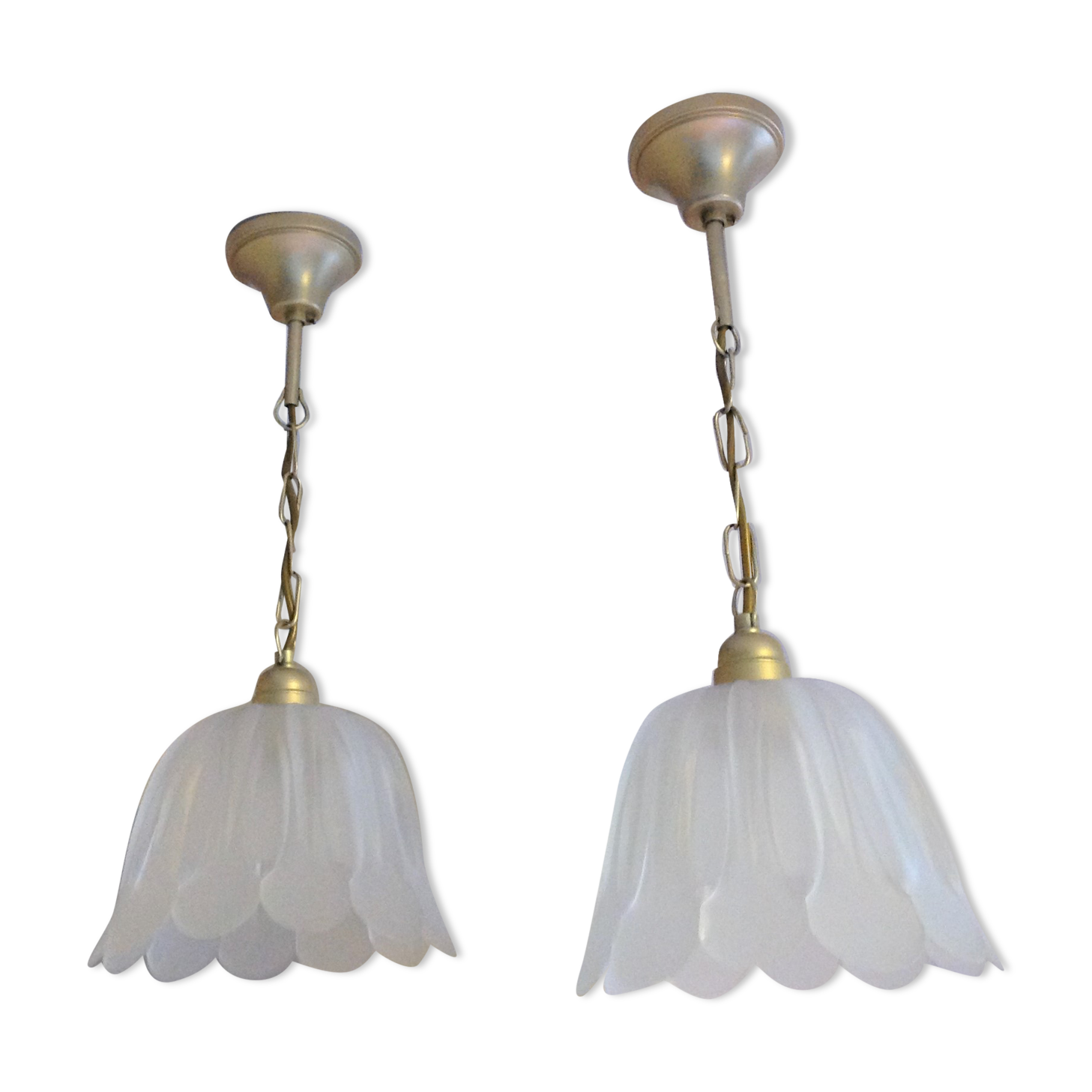 Pair of pendant lamps bell in frosted glass style art deco