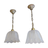 Pair of pendant lamps bell in frosted glass style art deco