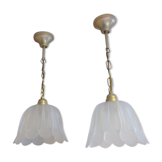 Pair of pendant lamps bell in frosted glass style art deco