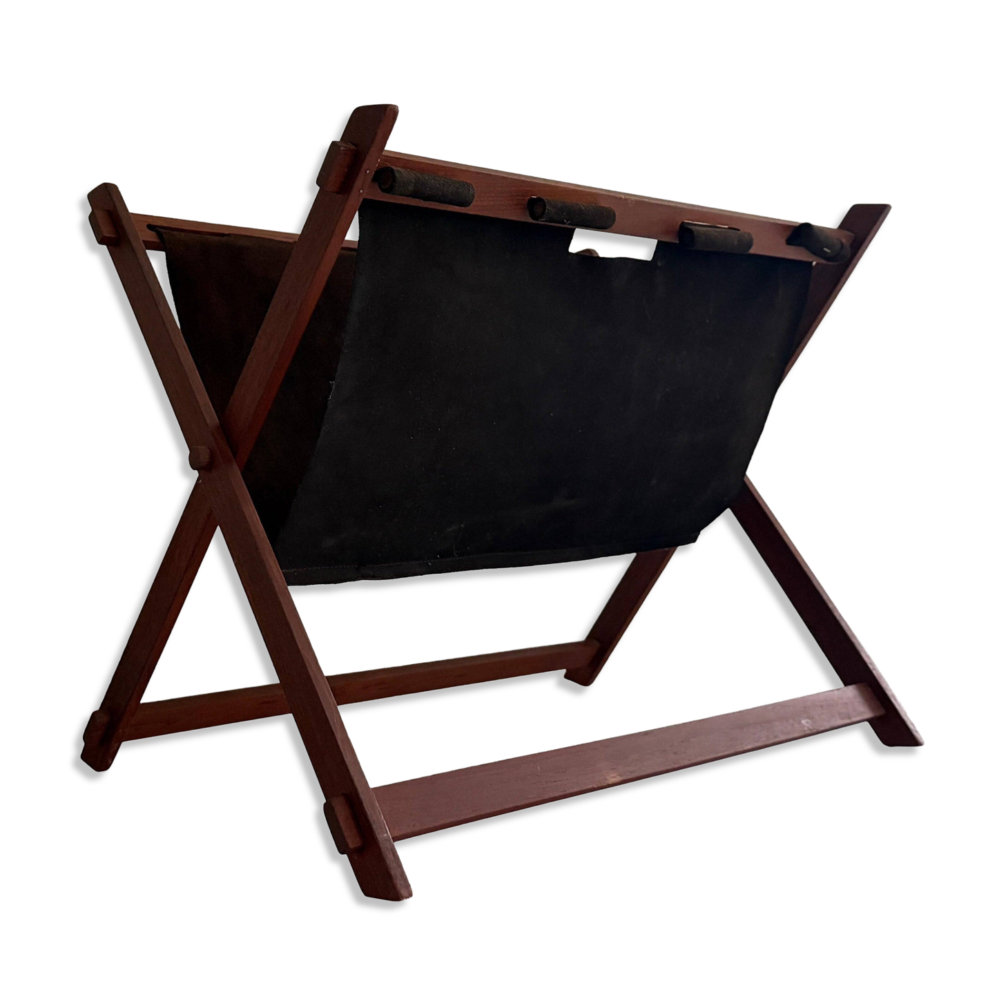 Support stand for mid-century teak and suede magazines and newspapers, 1960, Germany.