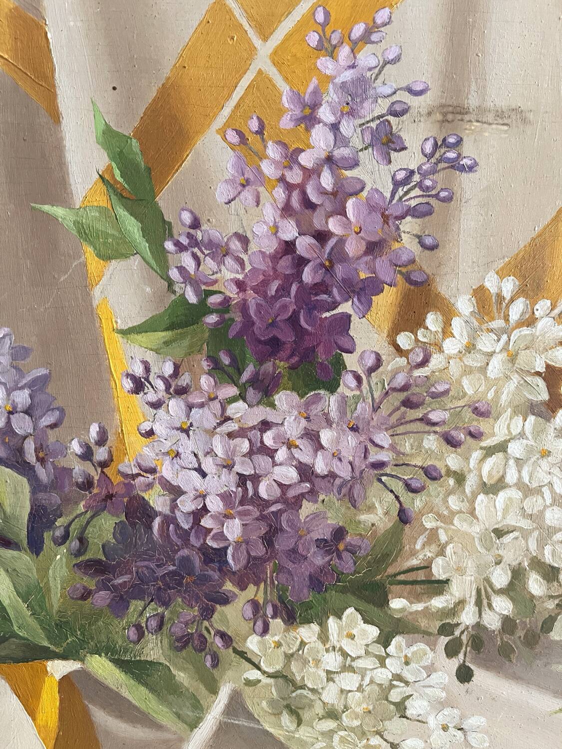 Old painting, oil on wood, lilac flowers on drapery by Sarret.