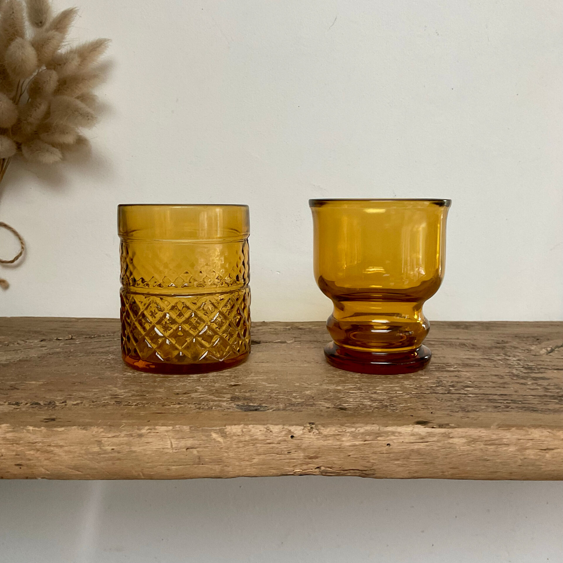 4 mismatched amber glasses