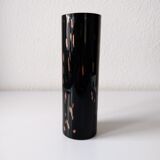 Black opaque glass vase with minimalist style copper inlays