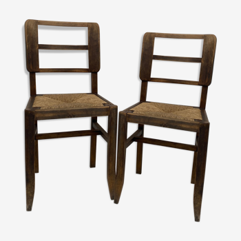 Pair of chairs dark wood & straw