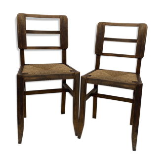 Pair of chairs dark wood & straw