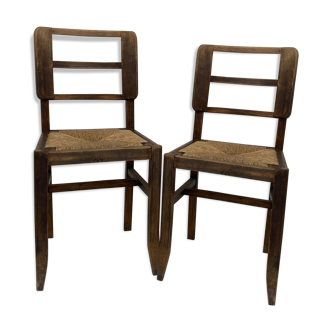 Paire de chaises bois foncé & paille