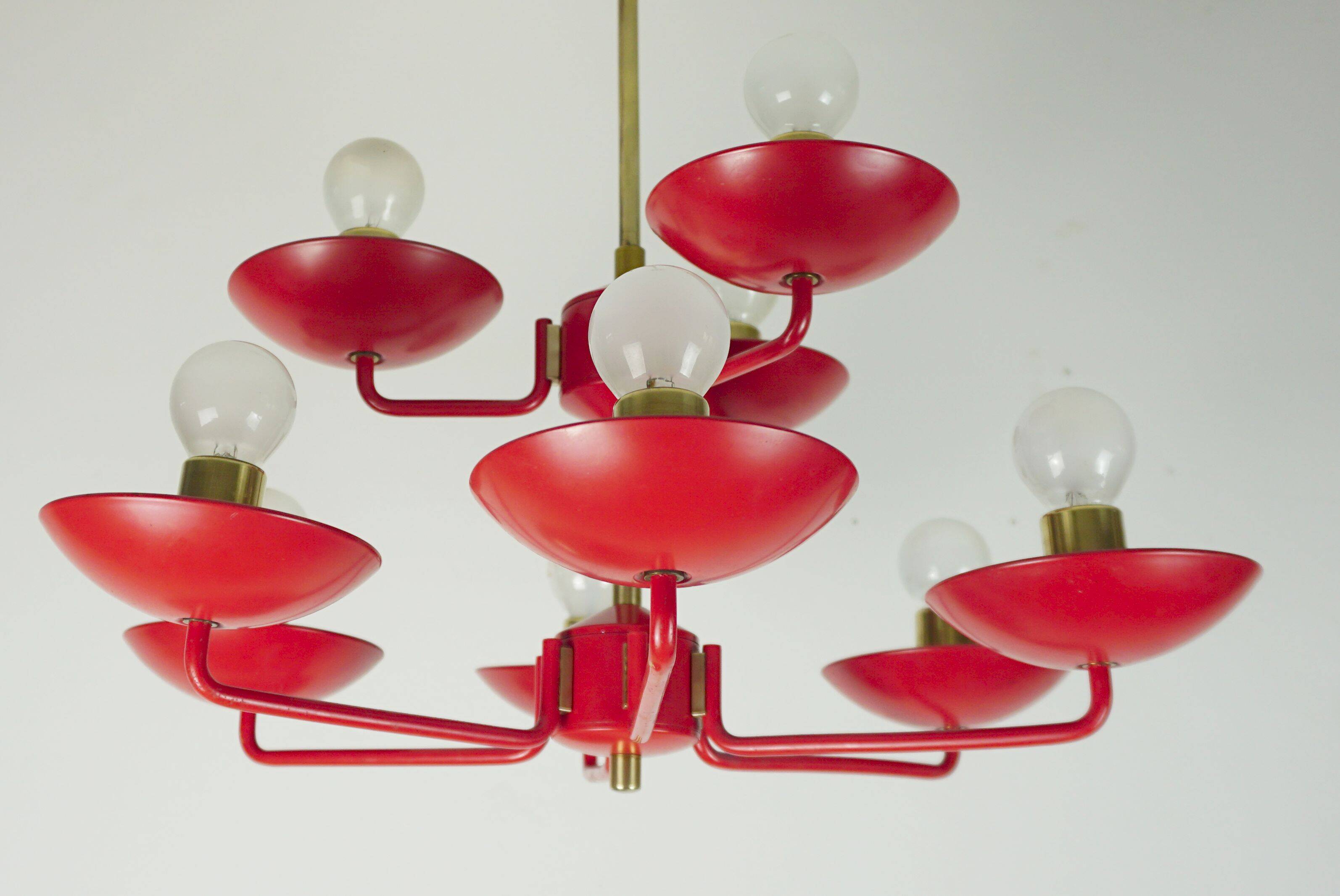 1960s chandelier, red metal and brass, 9 crackle glass shades