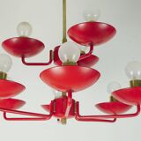 1960s chandelier, red metal and brass, 9 crackle glass shades