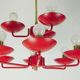 1960s chandelier, red metal and brass, 9 crackle glass shades