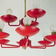 1960s chandelier, red metal and brass, 9 crackle glass shades