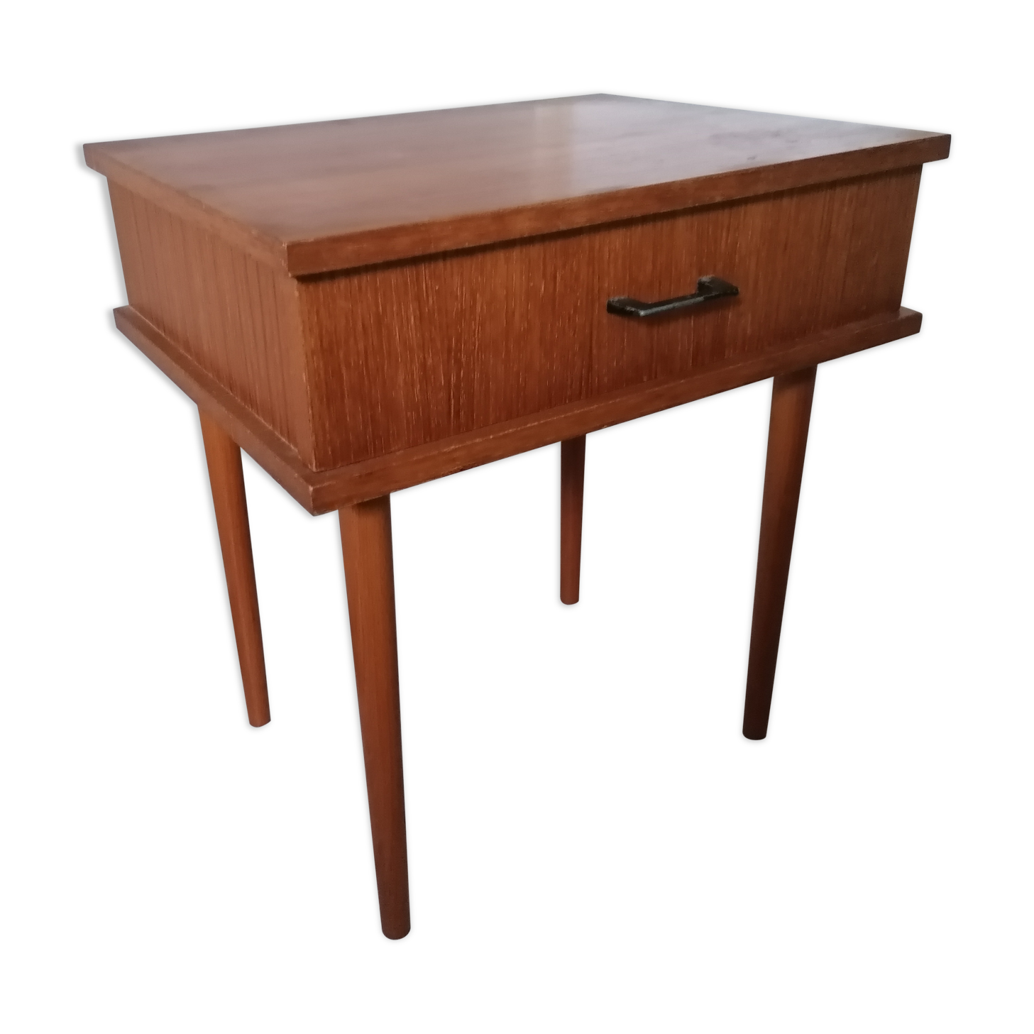 "Brissac" model bedside table veneer teak feet vintage spindles 50 60