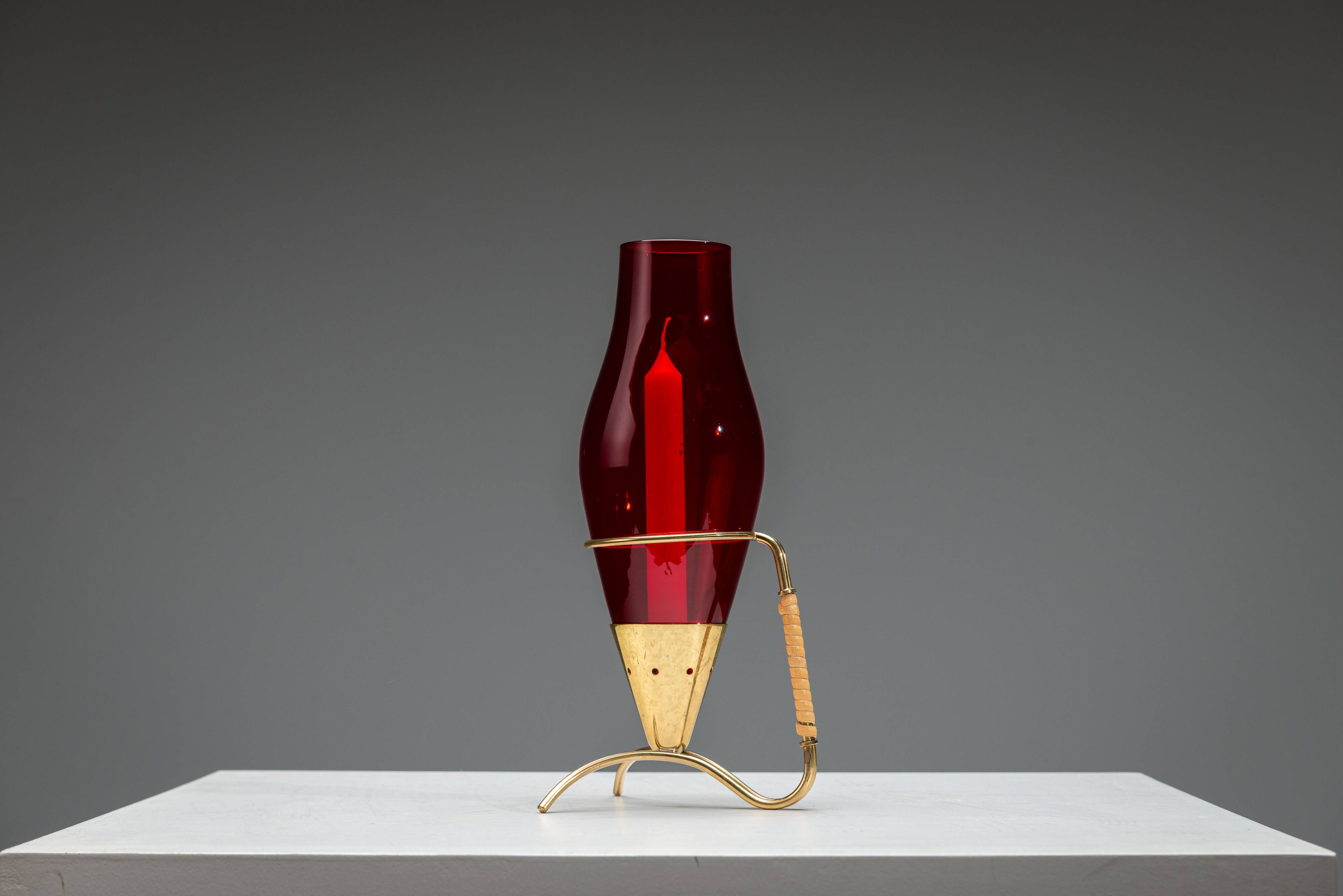 Gunnar Ander candleholder in brass, glass and rattan for Ystad Metall