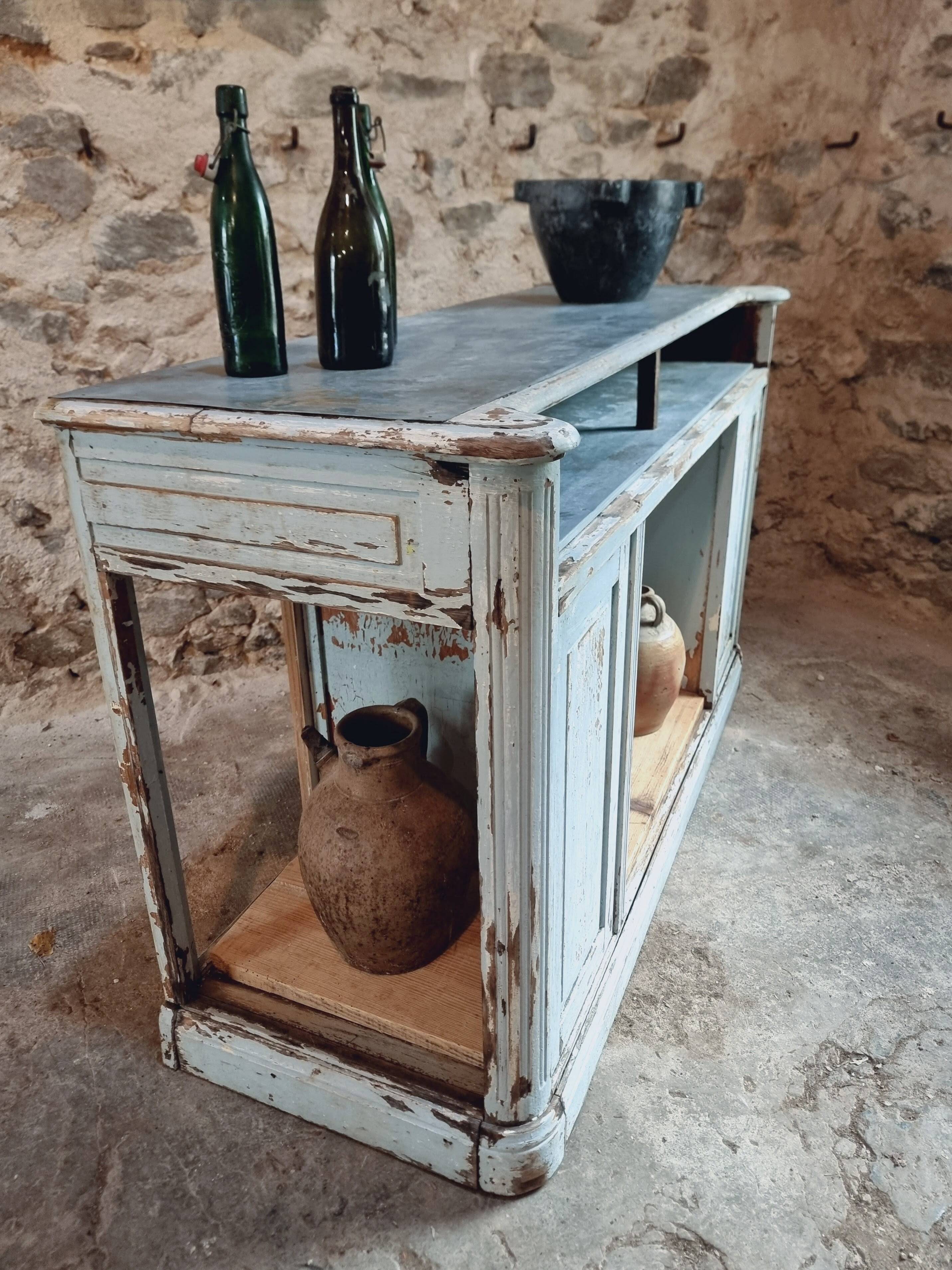 Comptoir ancien en chêne avec plateau en zinc et patine bleue