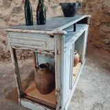 Antique oak counter with zinc top and blue patina