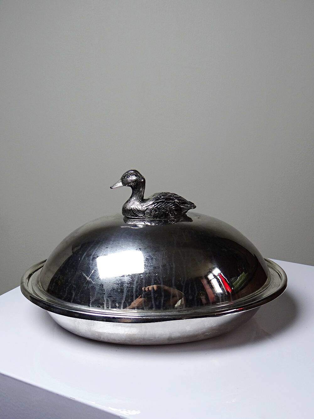 Vintage silver-plated foie gras bell duck handle from the 60s-80s.