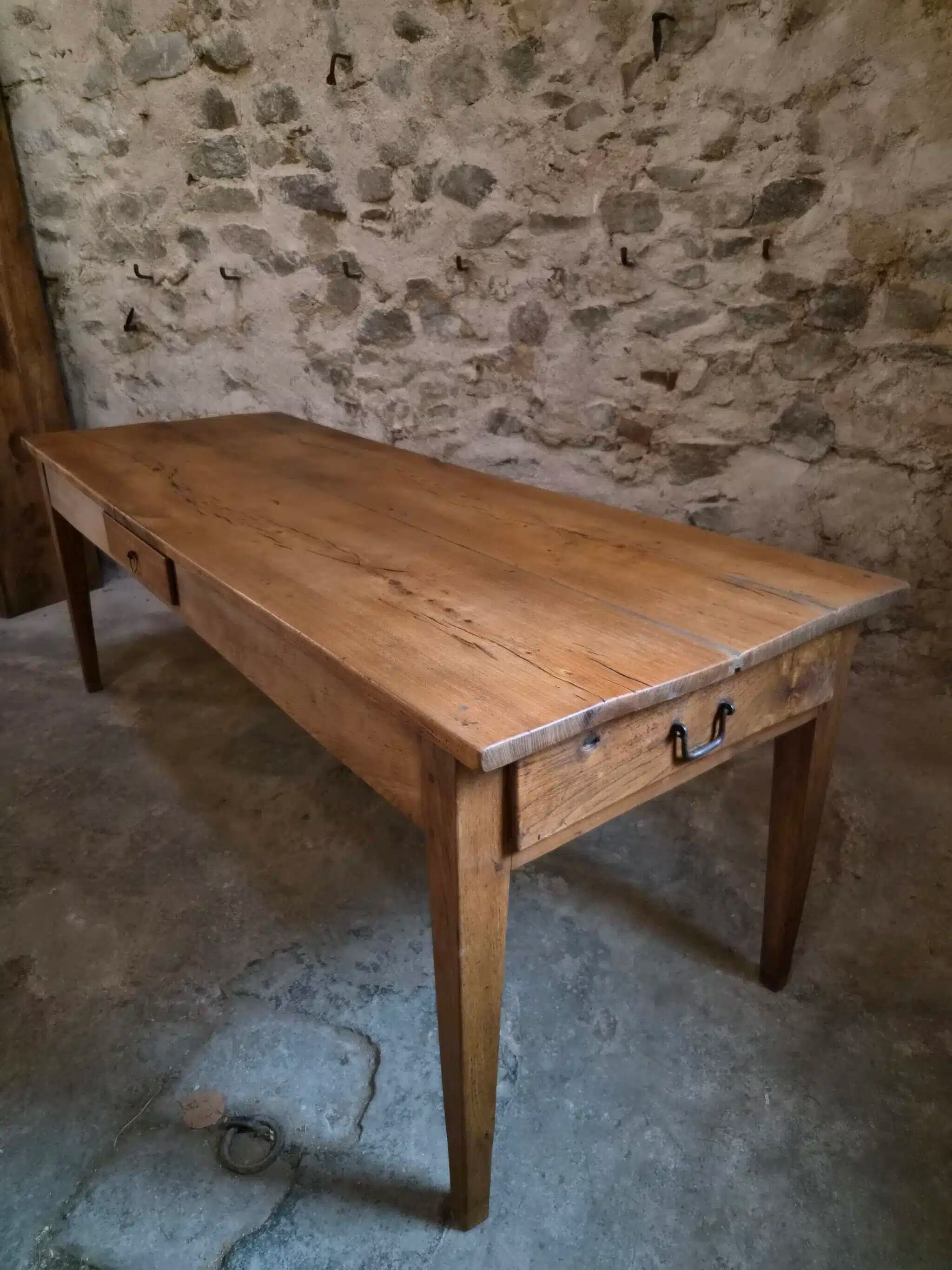 18th-century French farmhouse dining table in oak and chestnut.