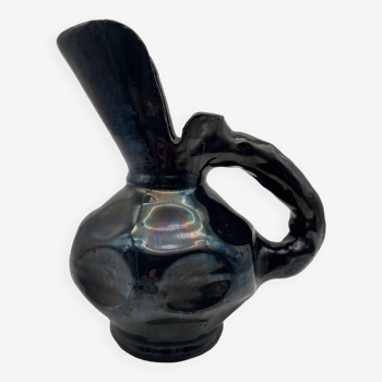 Iridescent black glazed terracotta pitcher, Joseph Elie, France 1950