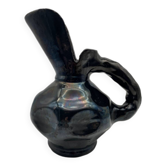 Iridescent black glazed terracotta pitcher, Joseph Elie, France 1950