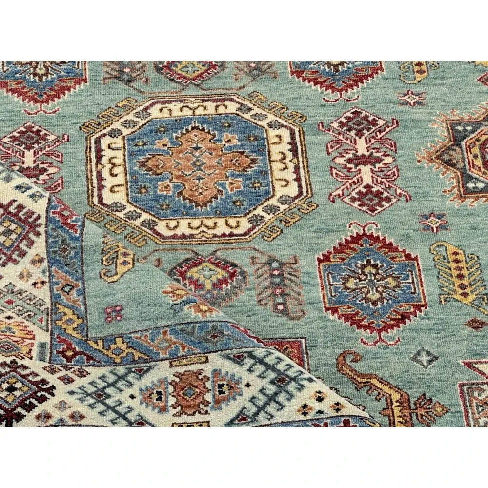 Contemporary Handmade Wool Area Rug, Turquoise Geometric Pattern Carpet for Living Room