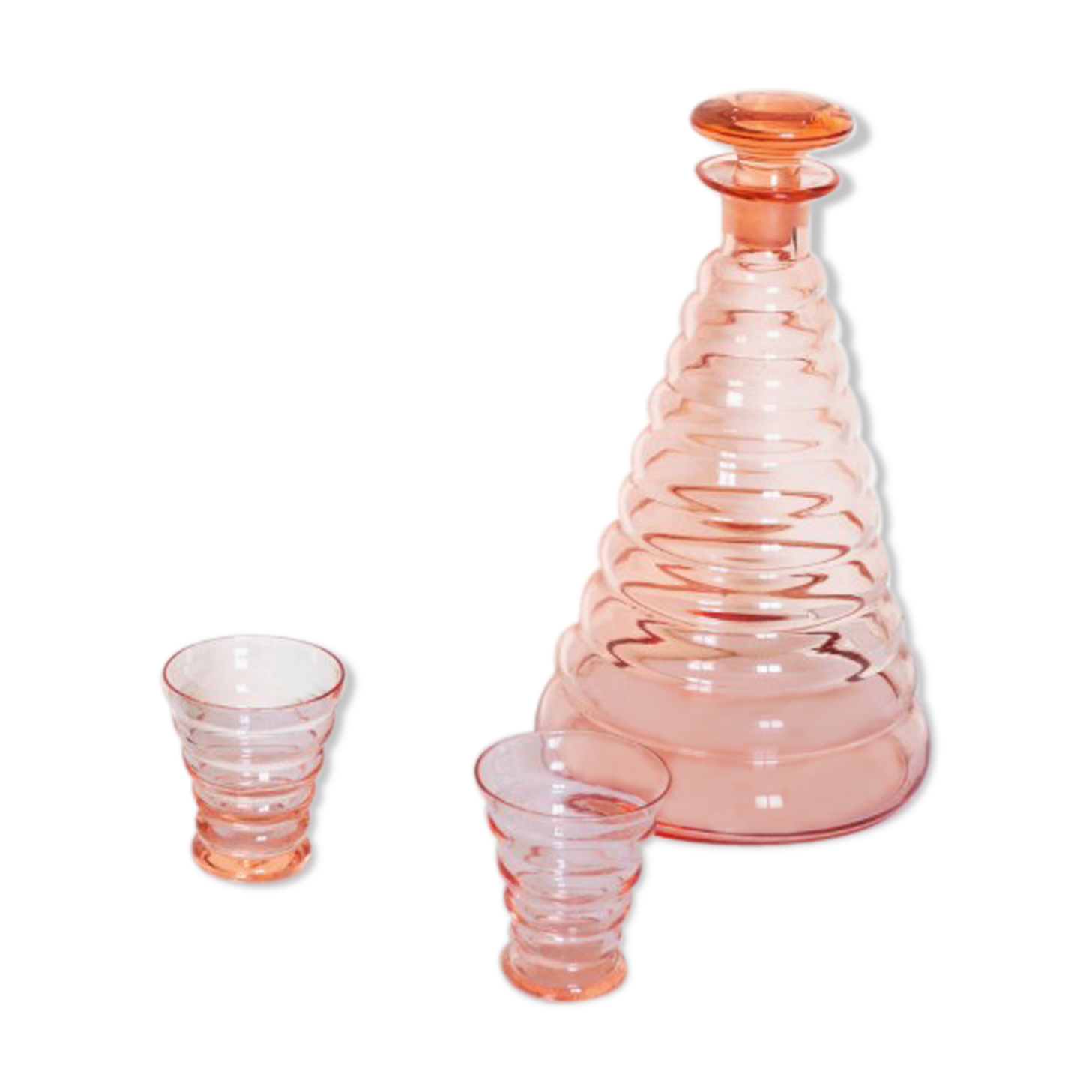 Old pink glass liqueur carafe and 2 glasses