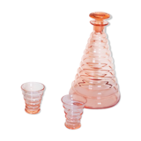 Old pink glass liqueur carafe and 2 glasses