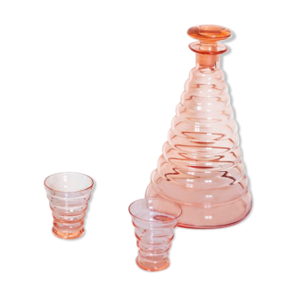 Old pink glass liqueur carafe and 2 glasses