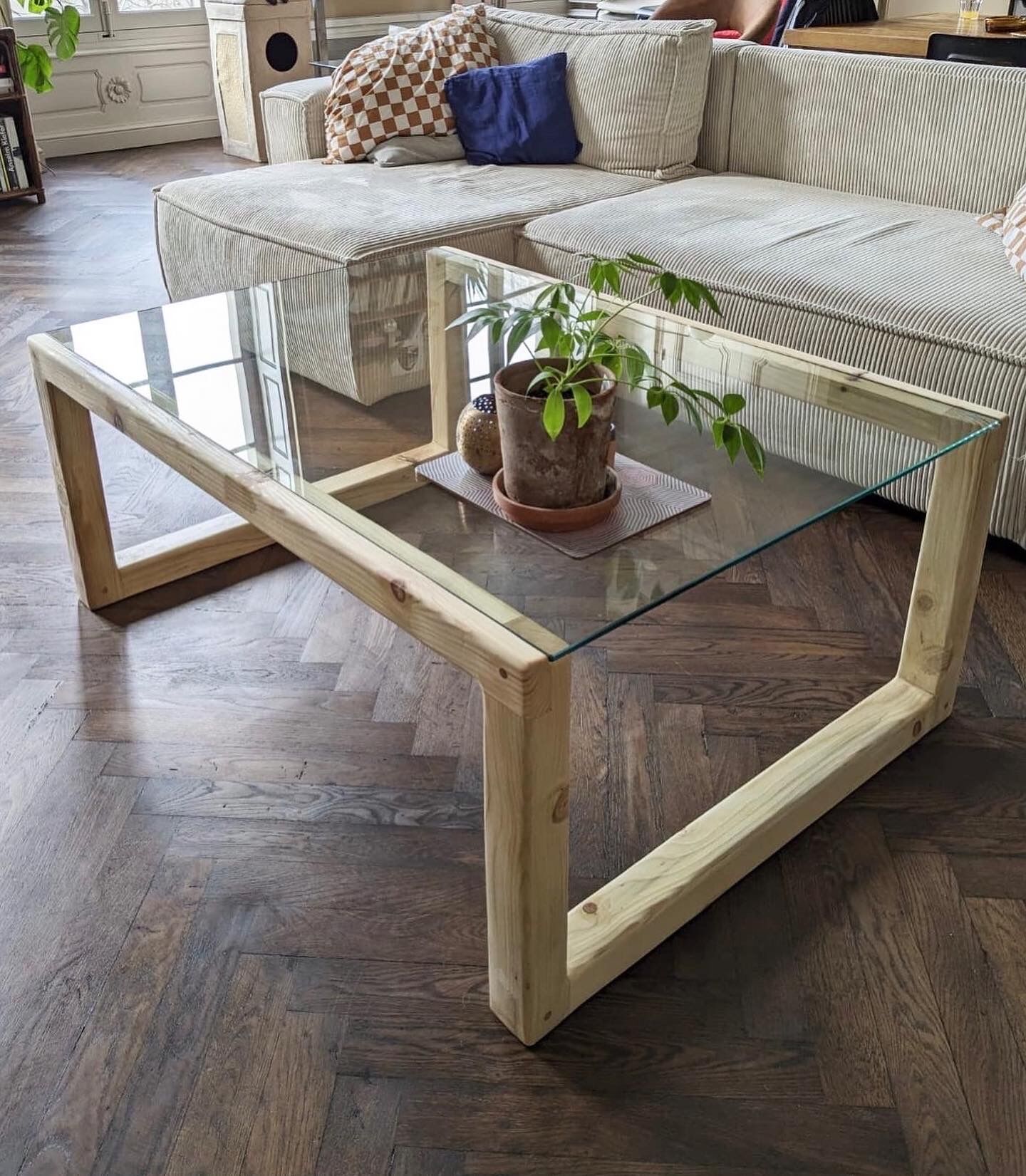 Solid wood table (pine) and glass top