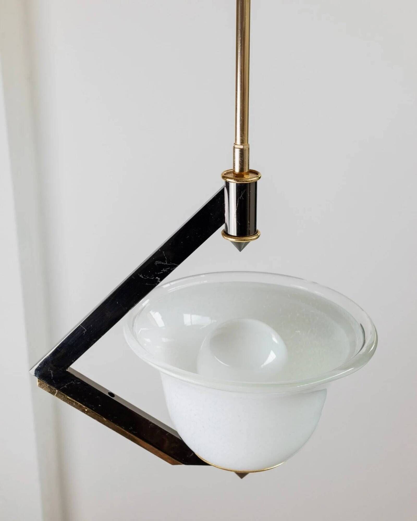 White Murano Glass Ceiling Lamp with Gold Metal Trim – 1980s Italian Vintage Triangular Chandelier