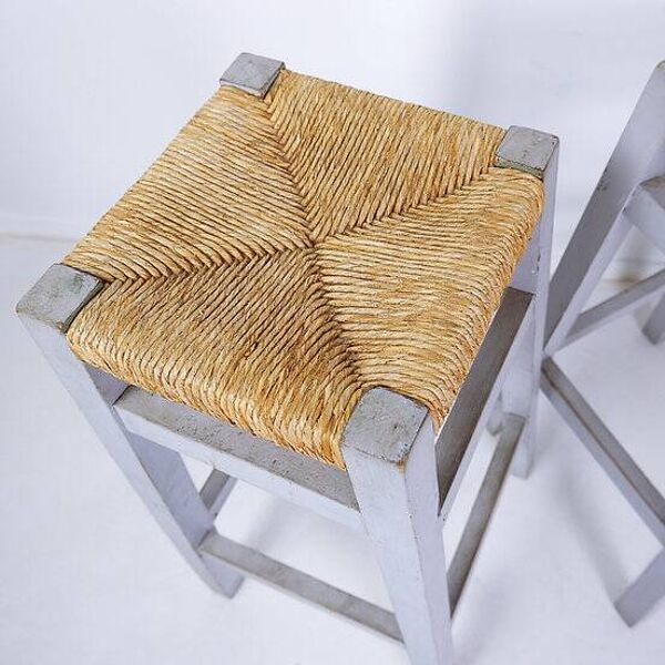 Ensemble de 3 tabourets de bar en jonc avec cadre en bois