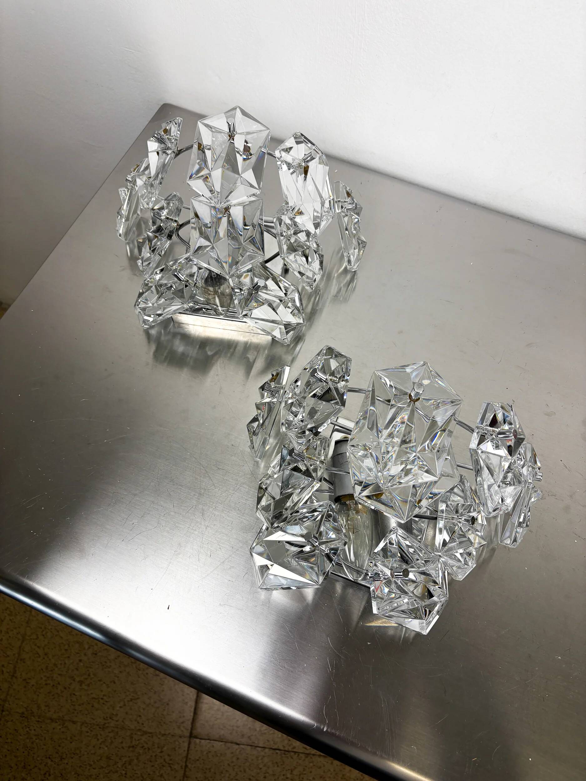 Pair of Kinkeldey 2-tier cut crystal wall sconces, Germany, circa 1970s