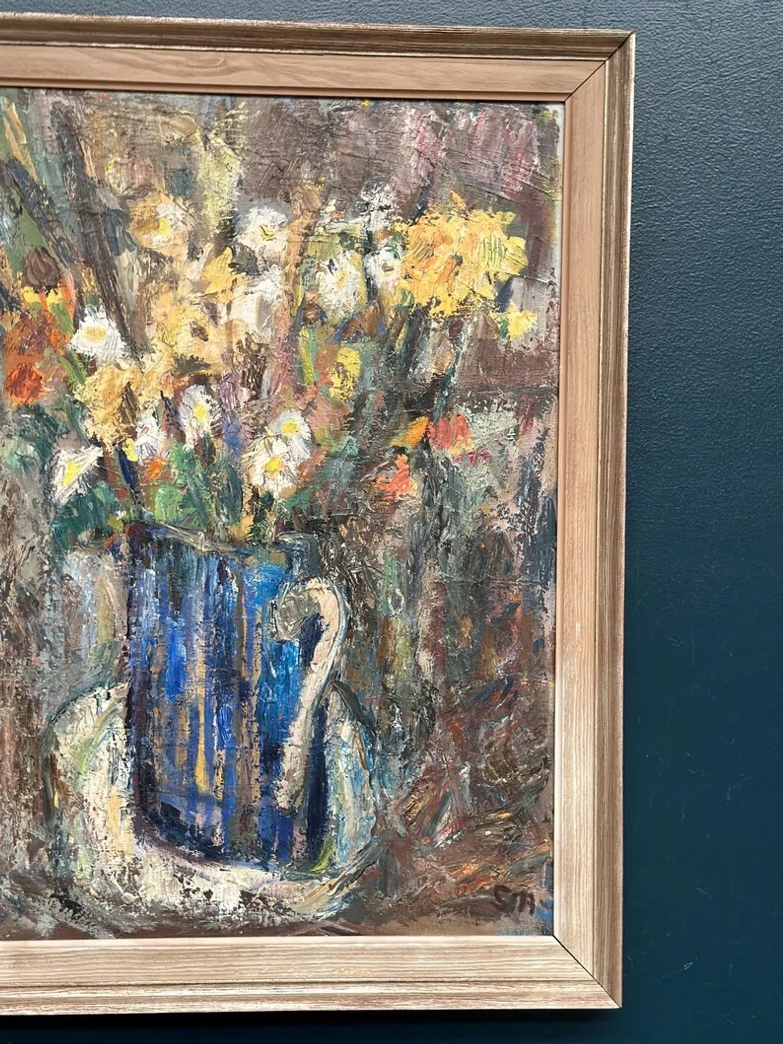 Original Swedish Oil on Panel – “Flowers in Blue Vase” by Sven Age – Signed – Vintage & Framed – 73 × 63 cm (28.7" × 24.8")