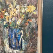 Original Swedish Oil on Panel – “Flowers in Blue Vase” by Sven Age – Signed – Vintage & Framed – 73 × 63 cm (28.7" × 24.8")