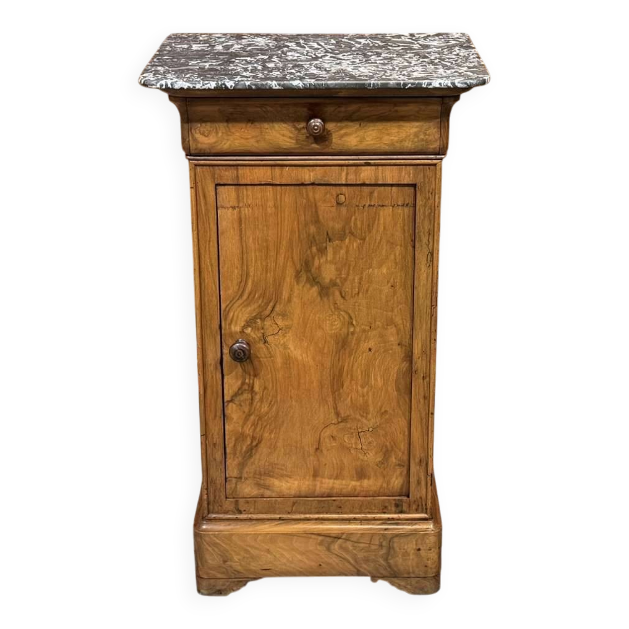 19th-century bedside table in walnut, oak, and marble top.