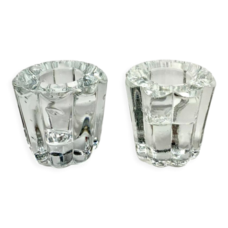 Pair of high fluted glass candle holders, French tableware of the twentieth century