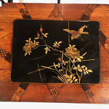 Series of three nesting tables, lacquer decorated with trendy birds and marquetry. circa 1900