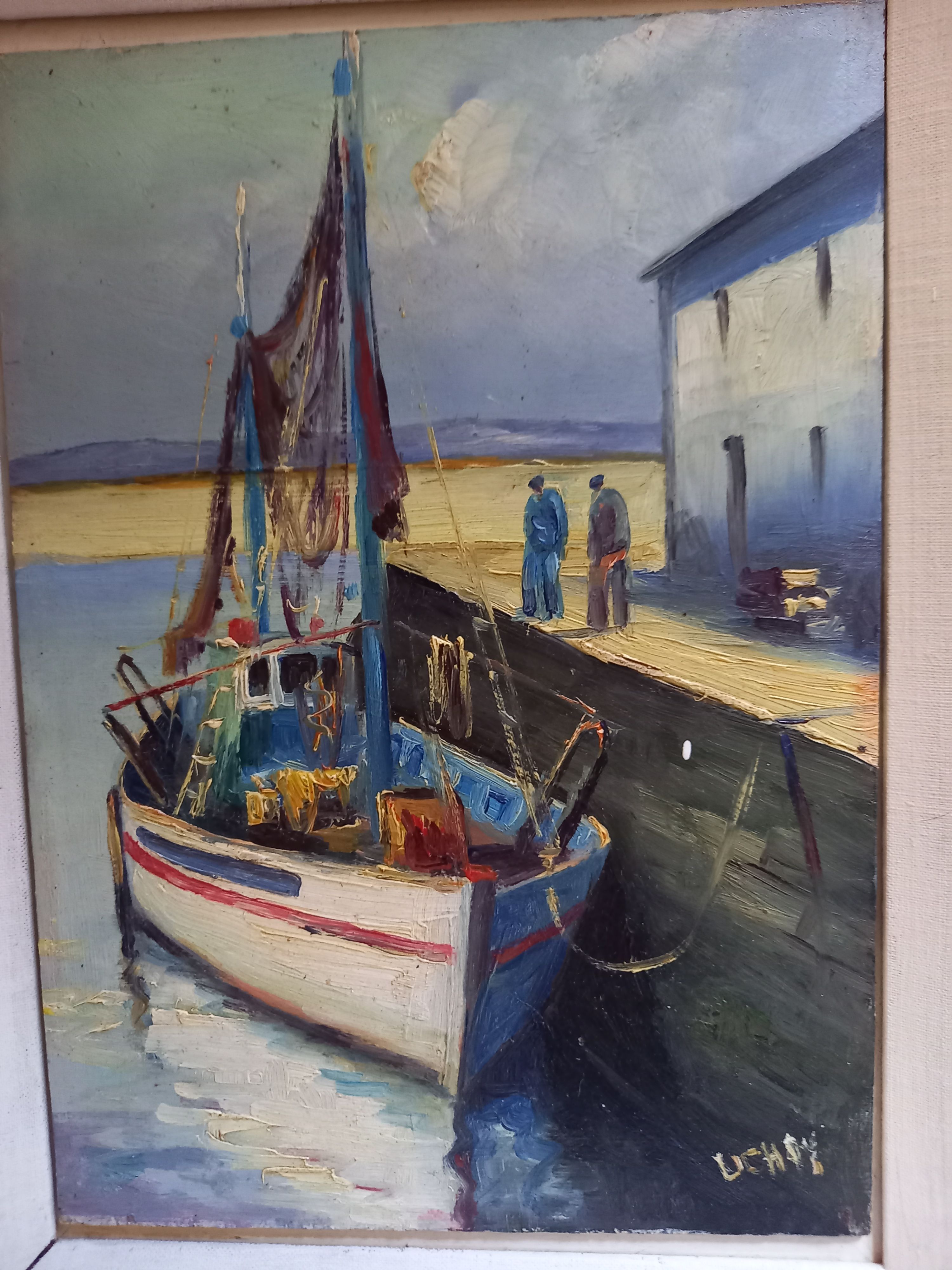 Old painting, oil on wood, representing a port with a fishing boat