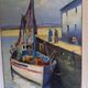 Old painting, oil on wood, representing a port with a fishing boat