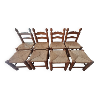 4 chairs and stools, brutalist art, straw and wood